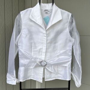 Vintage J.B.S. Ltd White Satin Blouse with Rhinestone Belt & Sheer Sleeves